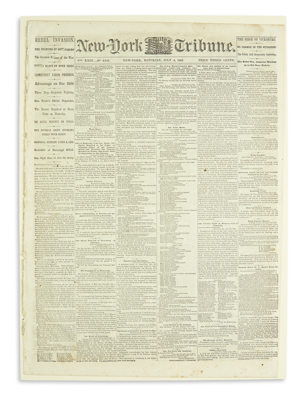(CIVIL WAR.) New-York Tribune account of the Battle of Gettysburg.